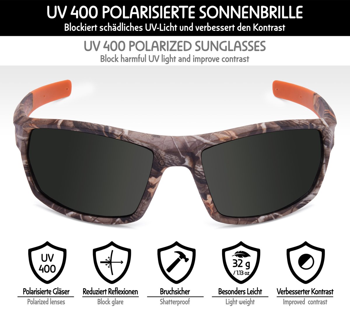 BRUBAKER | Lunettes de Soleil | Polarisées | Motif Camouflage | Avec Étui de Protection | Sombre