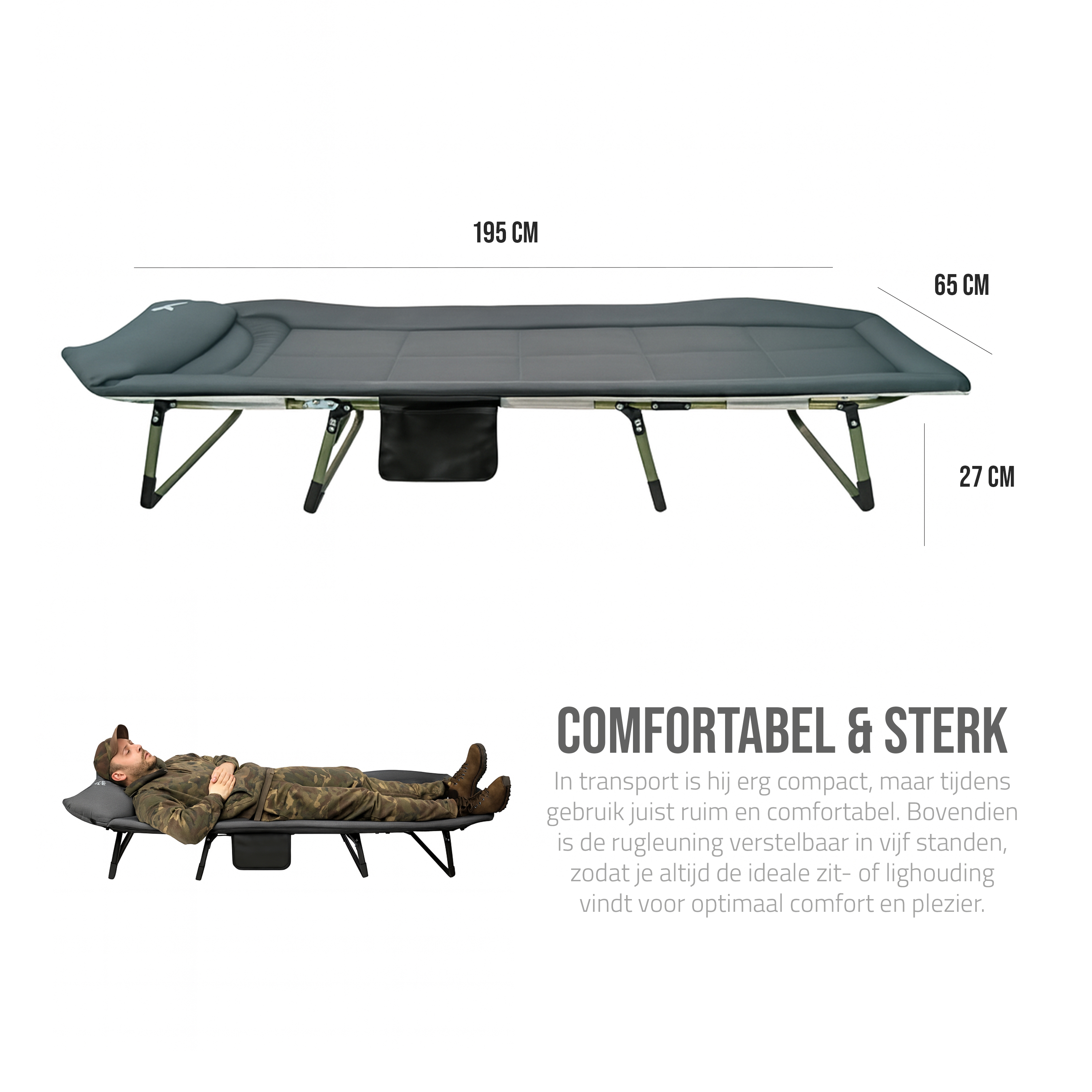 Eurocatch Bedchair Carpe – Lit de camping réglable à 8 pieds avec dossier 5 positions, appui-tête rembourré, poche latérale & pliable – Vert – 195×65×27 cm