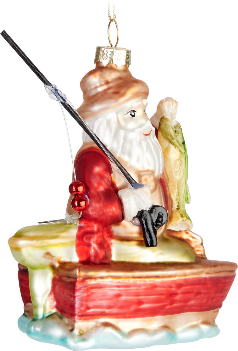 Boule de Noël en verre Père Noël avec canne à pêche