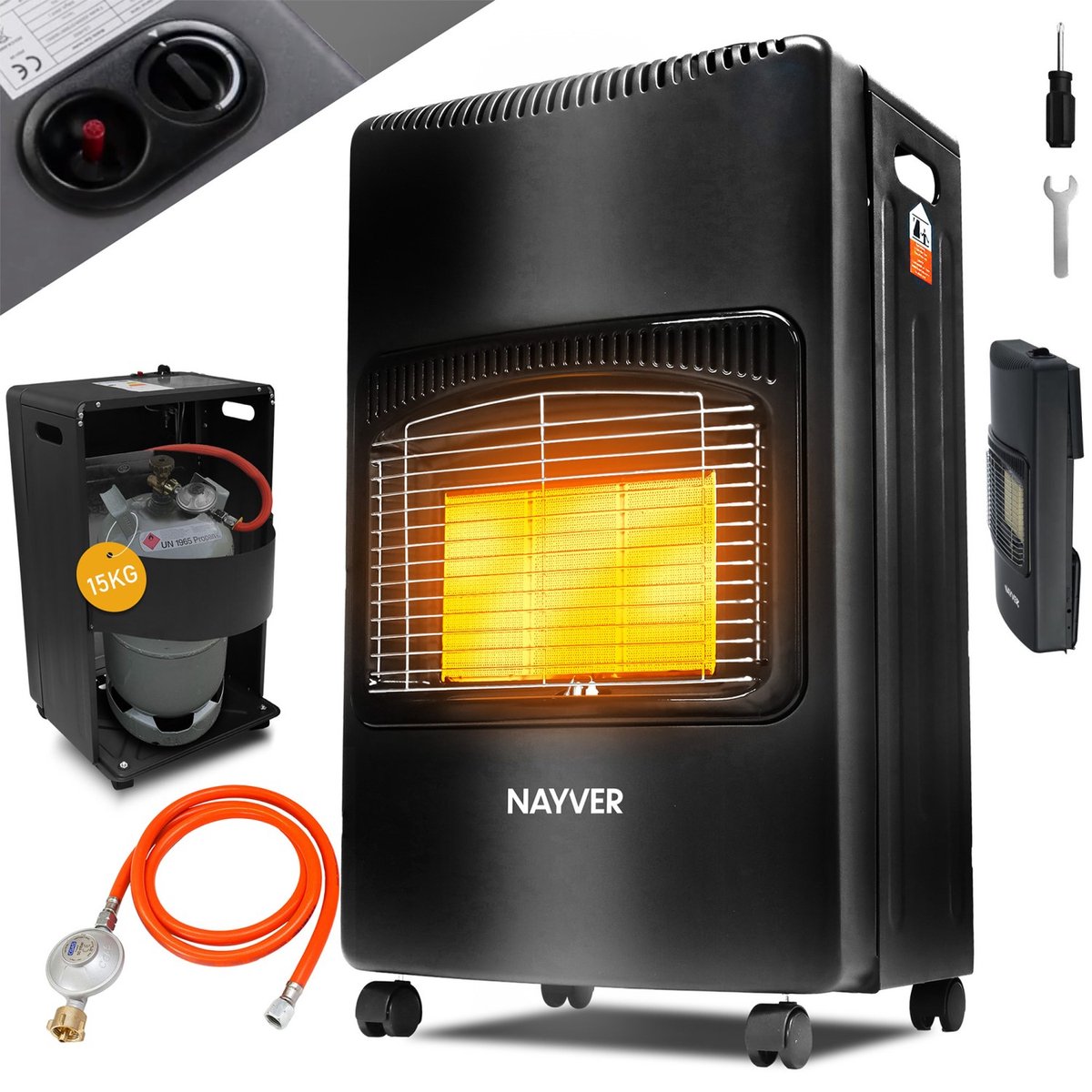 Chauffage au gaz Nayver - Chauffage mobile incl. Tuyau et régulateur de pression - Noir - 4200W - Pliable
