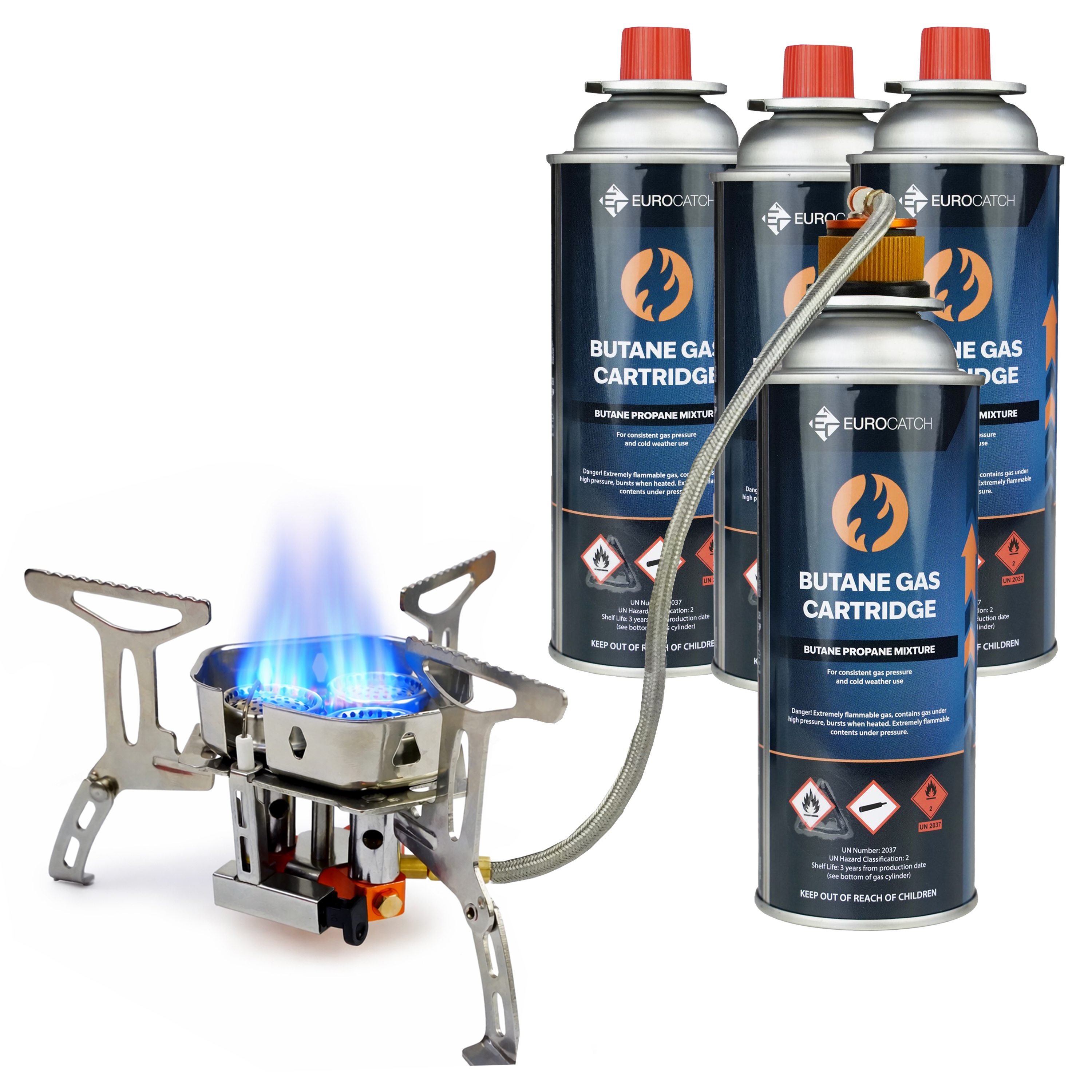 Eurocatch Foldable Gas Burner Turbo 6800W - incl. 4 cartouches de gaz - Réchaud à Gaz Pliable avec Adaptateur et Mallette