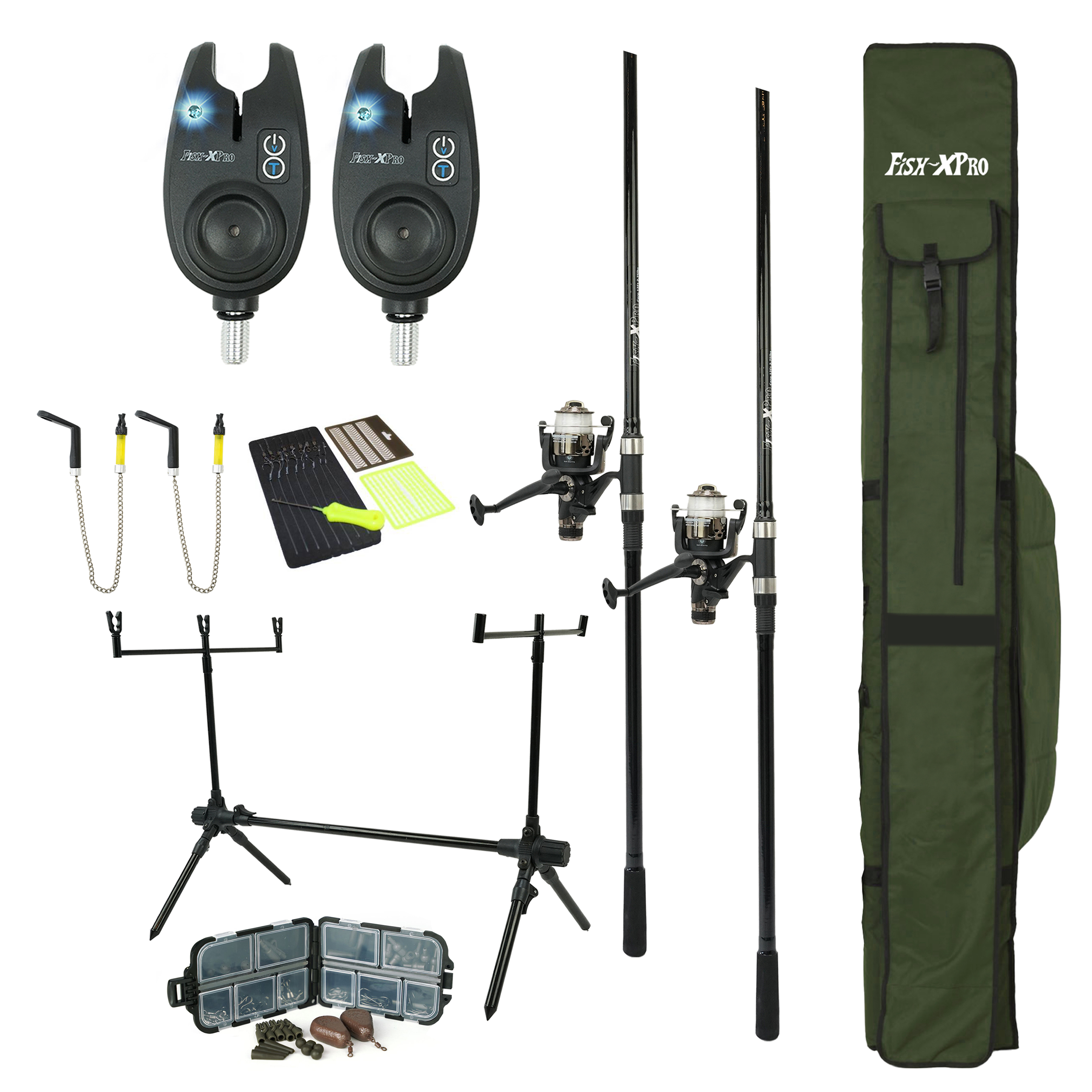 FISH-XPRO Carp Set Plus 2-Rod - Set de cannes à carpe noir - 96 pièces - Alarmes de touche - Swingers - Rodpod - Supports dorsales - Fourre-tout - Extra complet - Tout ce dont vous avez besoin !