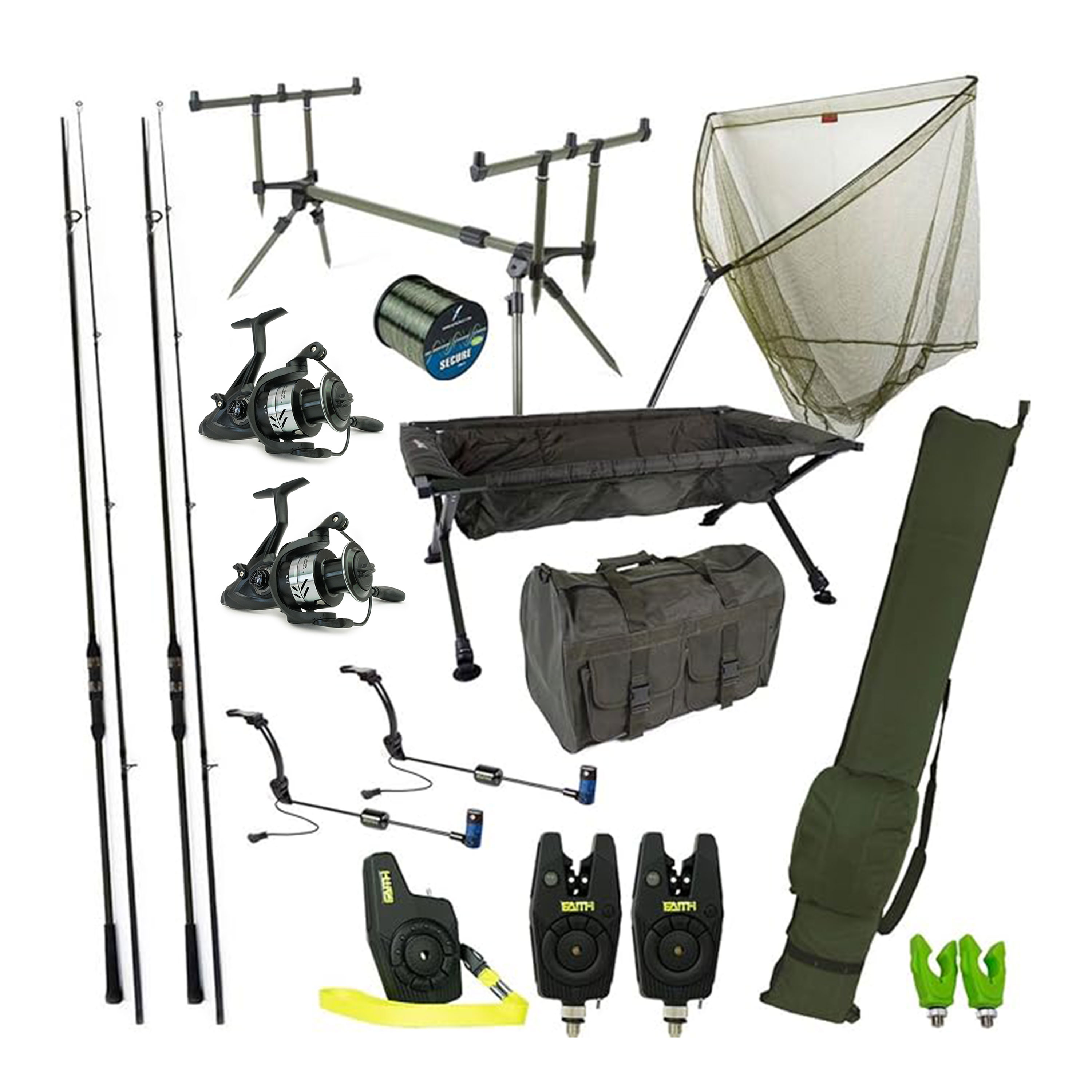 X2 - Set carpe - Set carpe deluxe - Cannes - Moulinets - Epuisette - Tapis de décrochage - Rod pod - Alarmes de touche - Sac de pêche