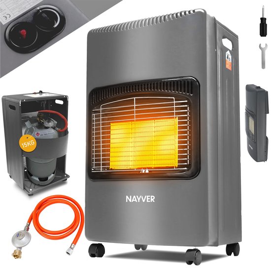 Chauffage au gaz Nayver - Chauffage mobile - Incl. Tuyau et régulateur de pression - Gris - 4200W - Pliable