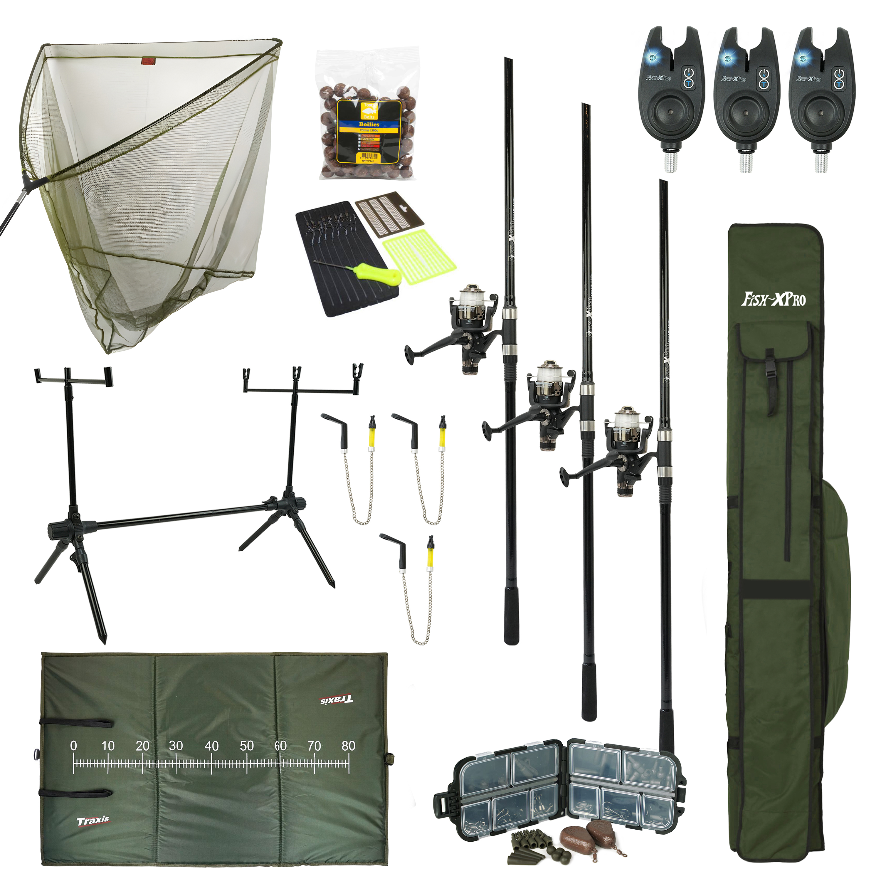 Fish-Xpro Improvement mega Carp set 3 cannes - 3 Cannes - Moulinets - Filet carpe - Rod pod - Alarmes de touche - Tapis de décrochage - Fourreau