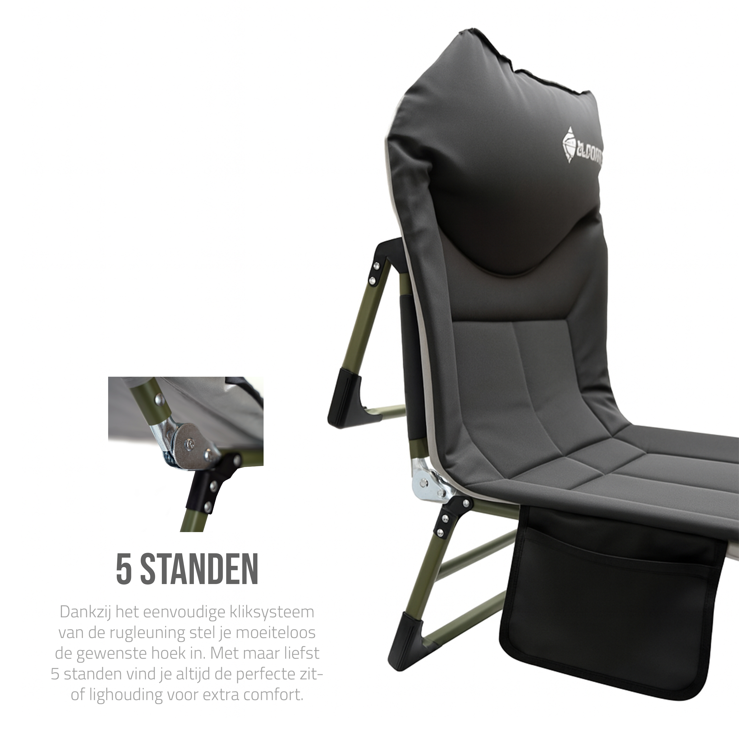 Eurocatch Bedchair Carpe – Lit de camping réglable à 8 pieds avec dossier 5 positions, appui-tête rembourré, poche latérale & pliable – Vert – 195×65×27 cm