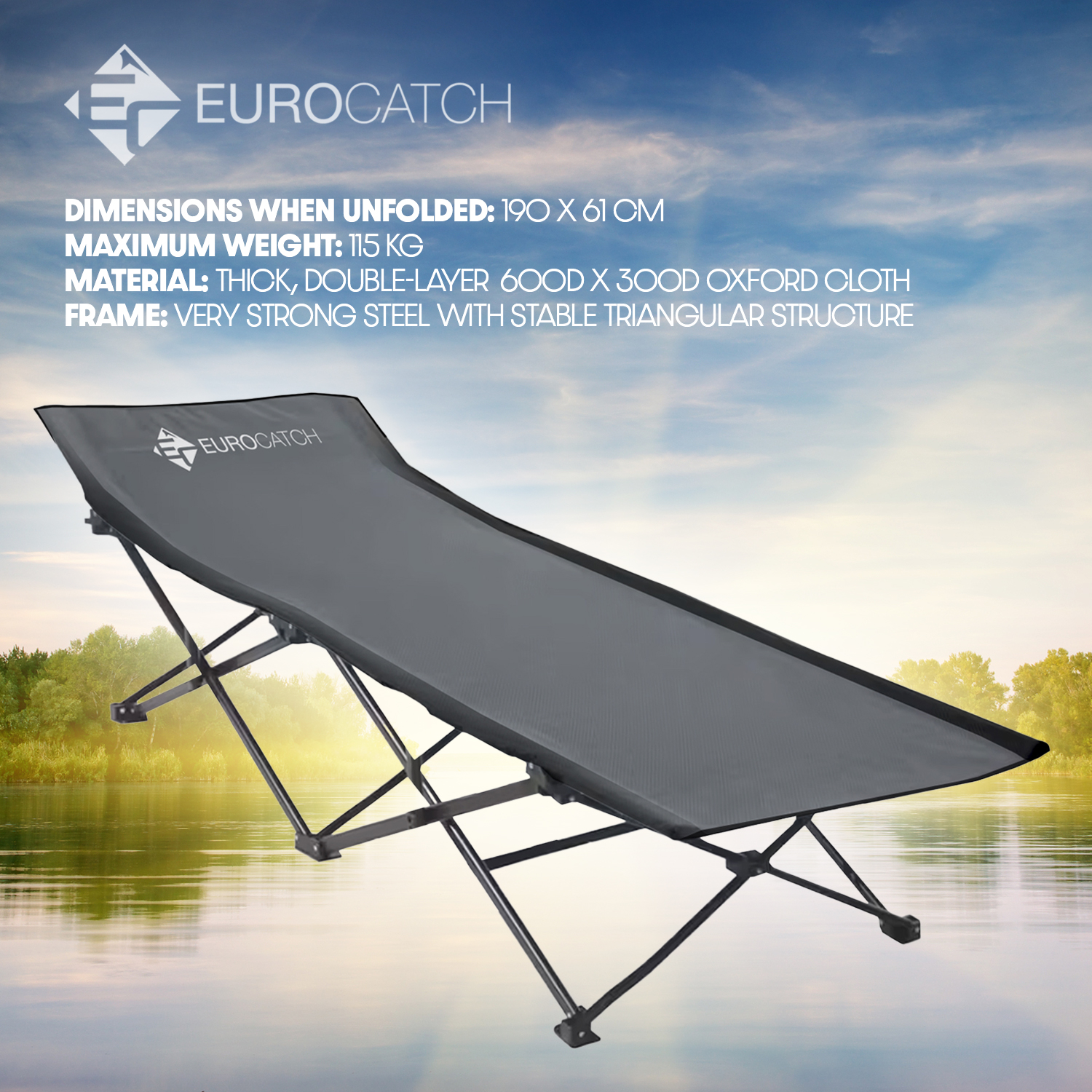 Lit de camp pliable Eurocatch - Gris - Lit festival - lit carpe - 190 cm de long