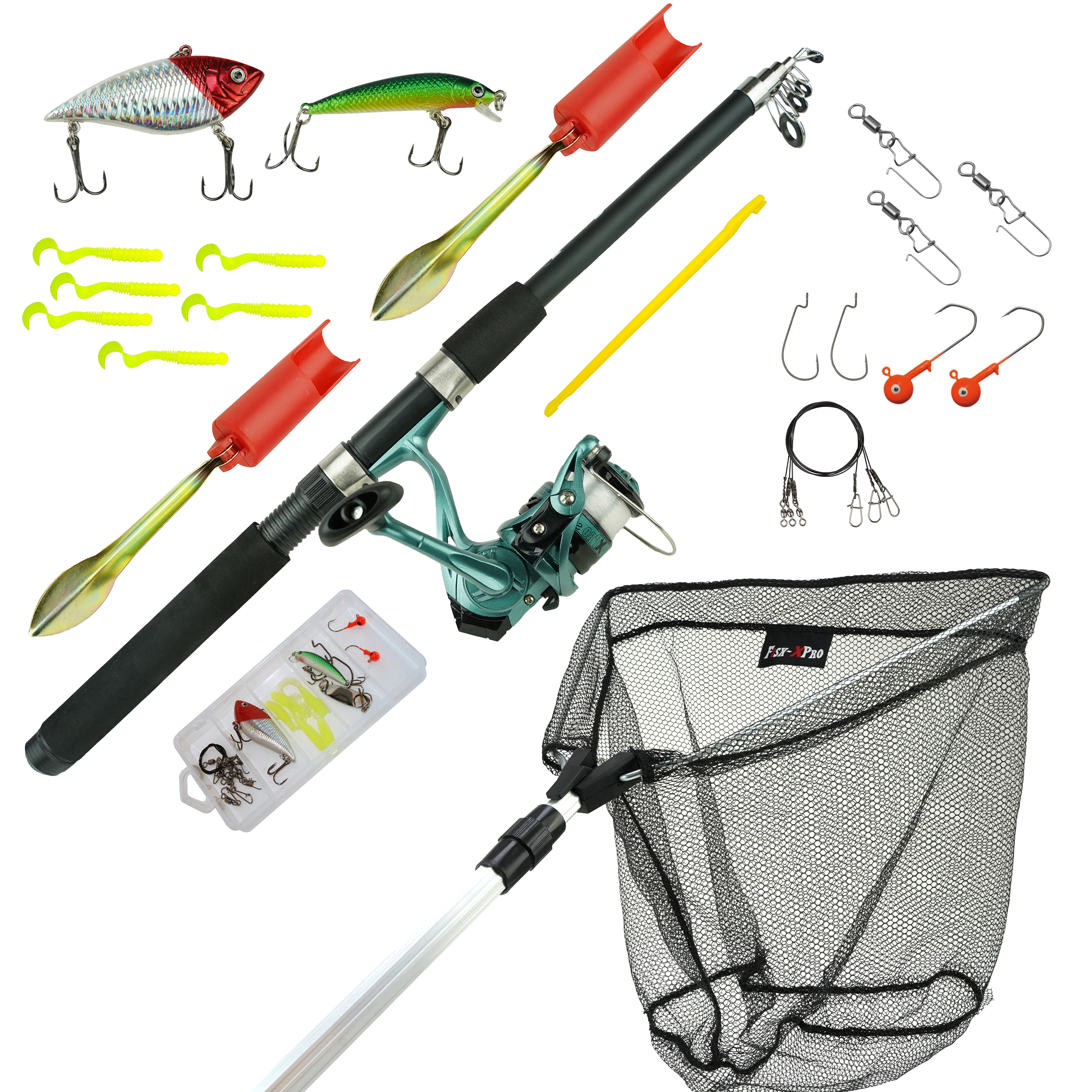 Fish-Xpro - Ensemble de Canne à Pêche Tout-en-Un - 2,10m - Moulinet avec Nylon - Epuisette 40x40 - Support de Canne - Boîte à Outils avec Accessoires