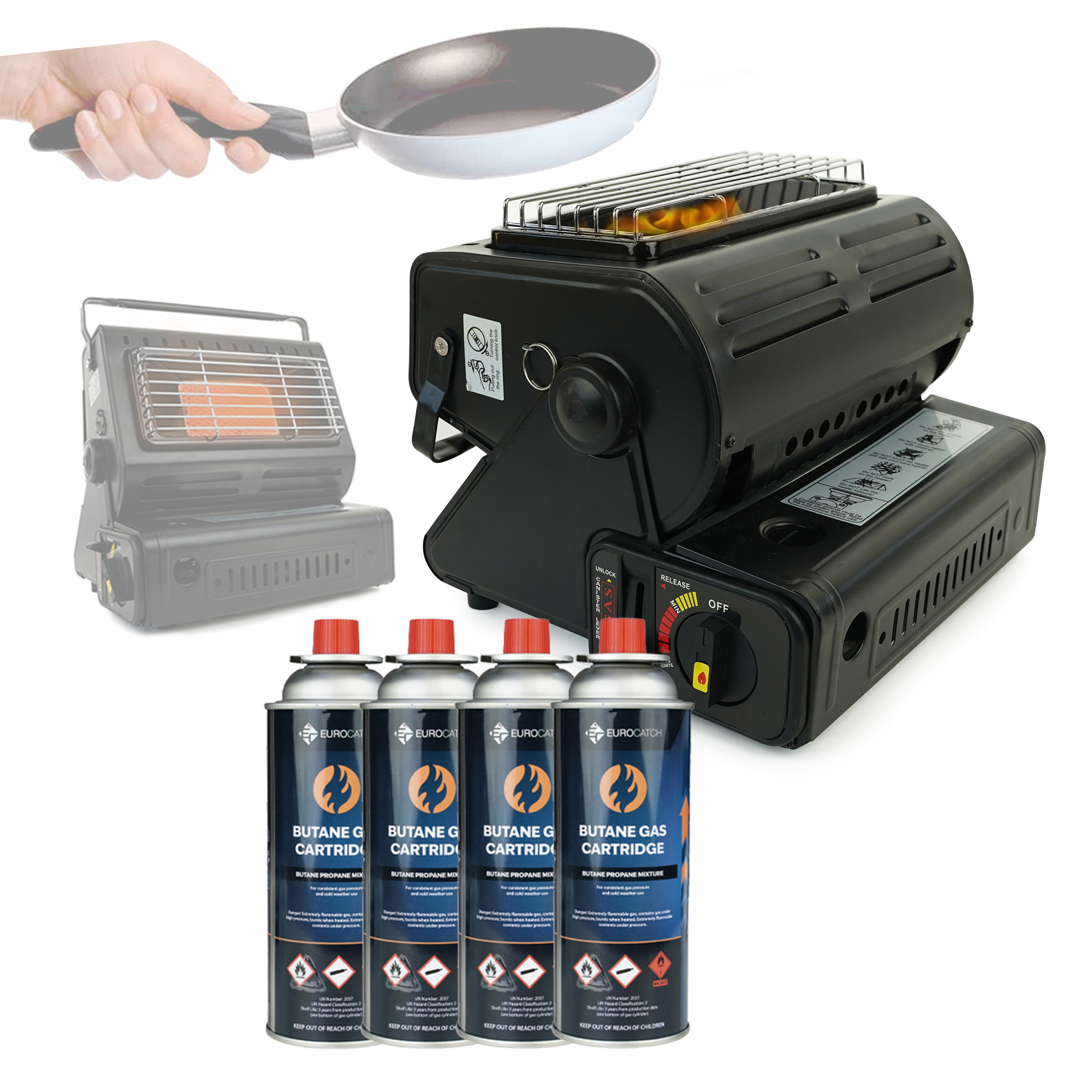 Chauffage au gaz Eurocatch - Incl. 4 Bidons de gaz - Chauffage - Cuisinière - Chauffage de terrasse - Réglable et Portable