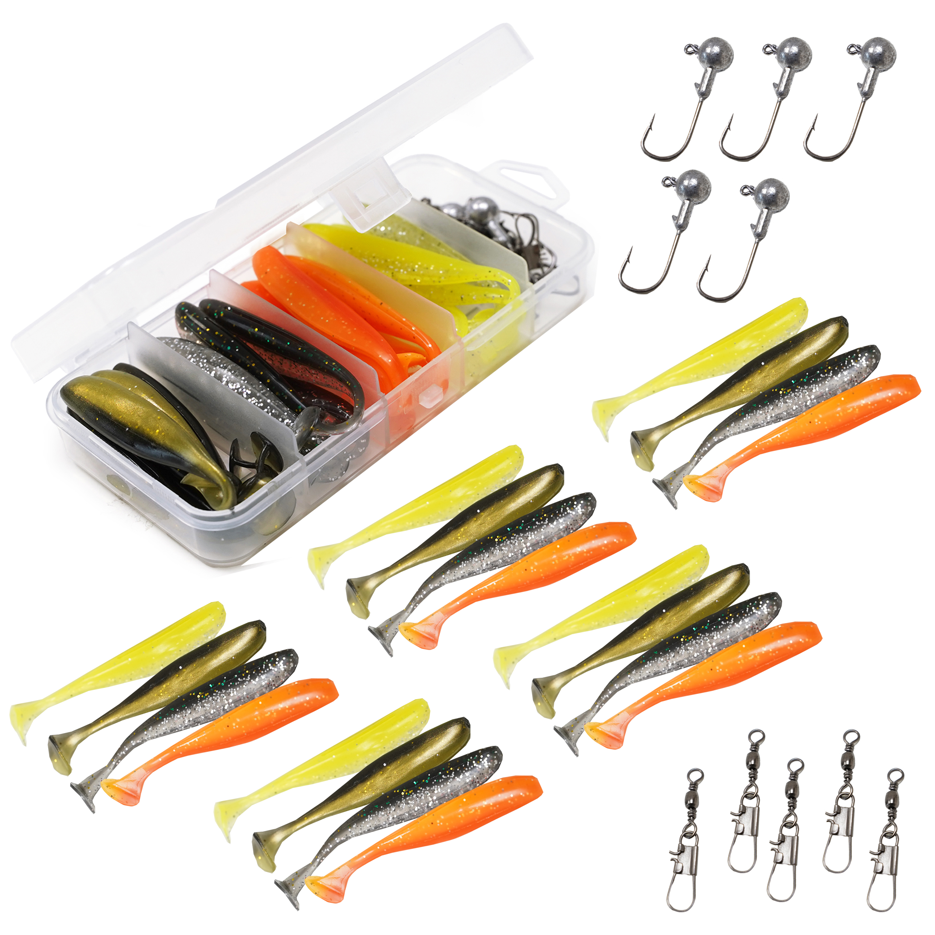 Fish-Xpro Softbait set 36 pièces - Leurres - Shads - Têtes plombées - y compris Tacklebox - Poissons carnassiers - Sandre