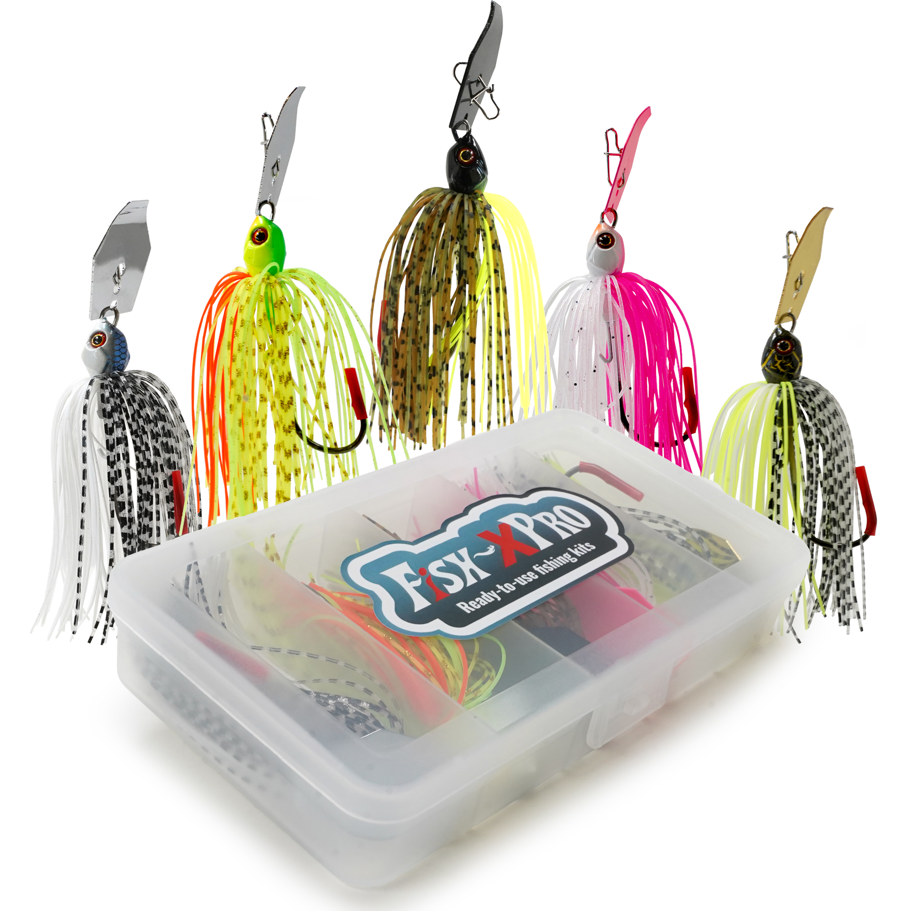 FishXpro Chatterbait Set 8 cm – 10 g  - 5 pièces avec boîte de rangement 