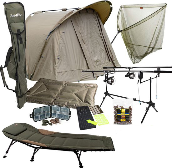 Traxis Carp Set - Overnighter Set - Pêche de la carpe - Tente de pêche - 2 Cannes - 2 Moulinets - Civière - Epuisette - Tapis de décrochage - Rod pod - Alarmes de touche