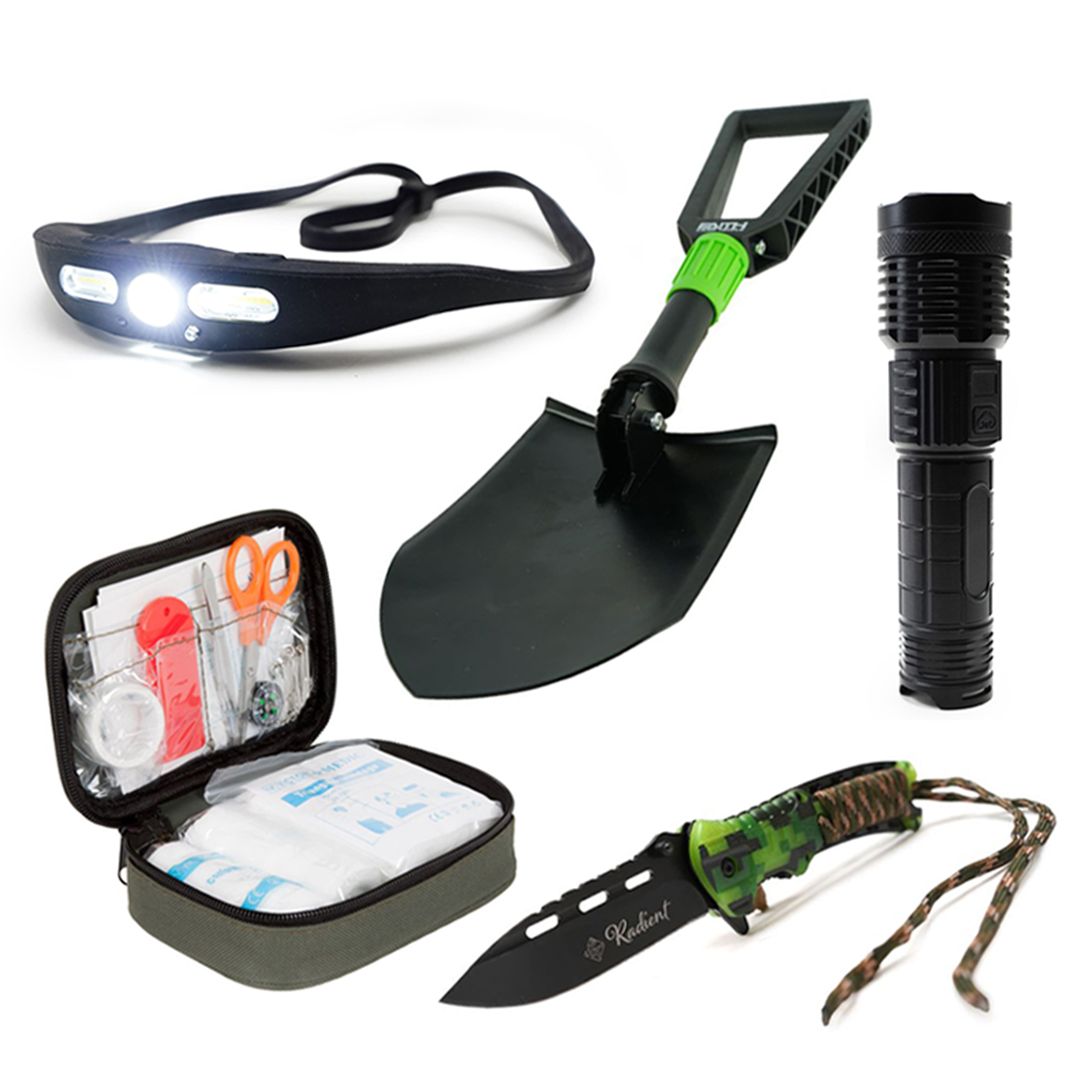 Kit d’Aide Pêche de Nuit Faith avec Lampe Frontale, Lampe Torche, Couteau, Trousse de Secours & Pelle Pliable – Complet & Rechargeable