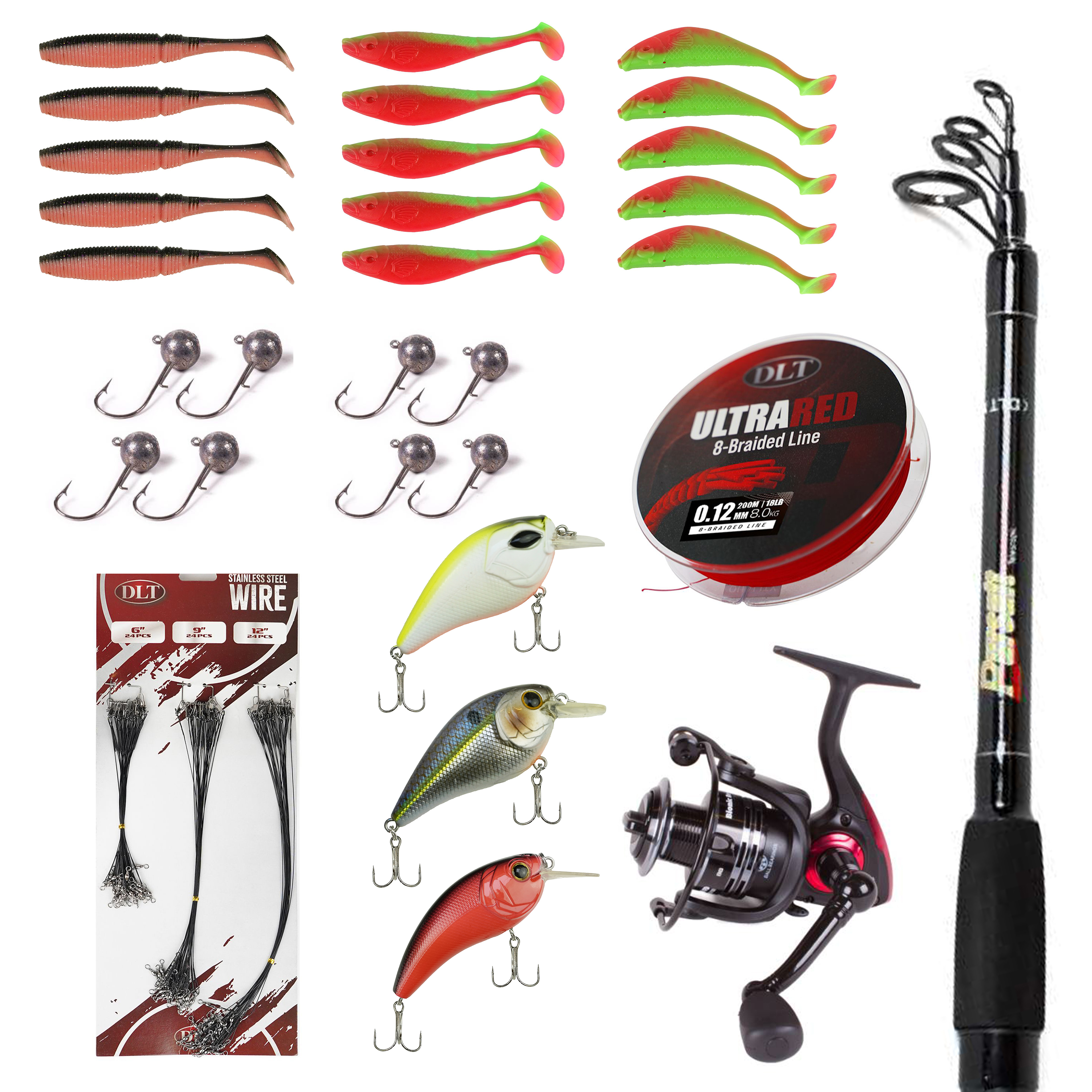 Set Canne à Pêche Spinning DLT Pro – Kit Complet Carnassier avec Moulinet, Ligne, Leurres et Têtes Plombées