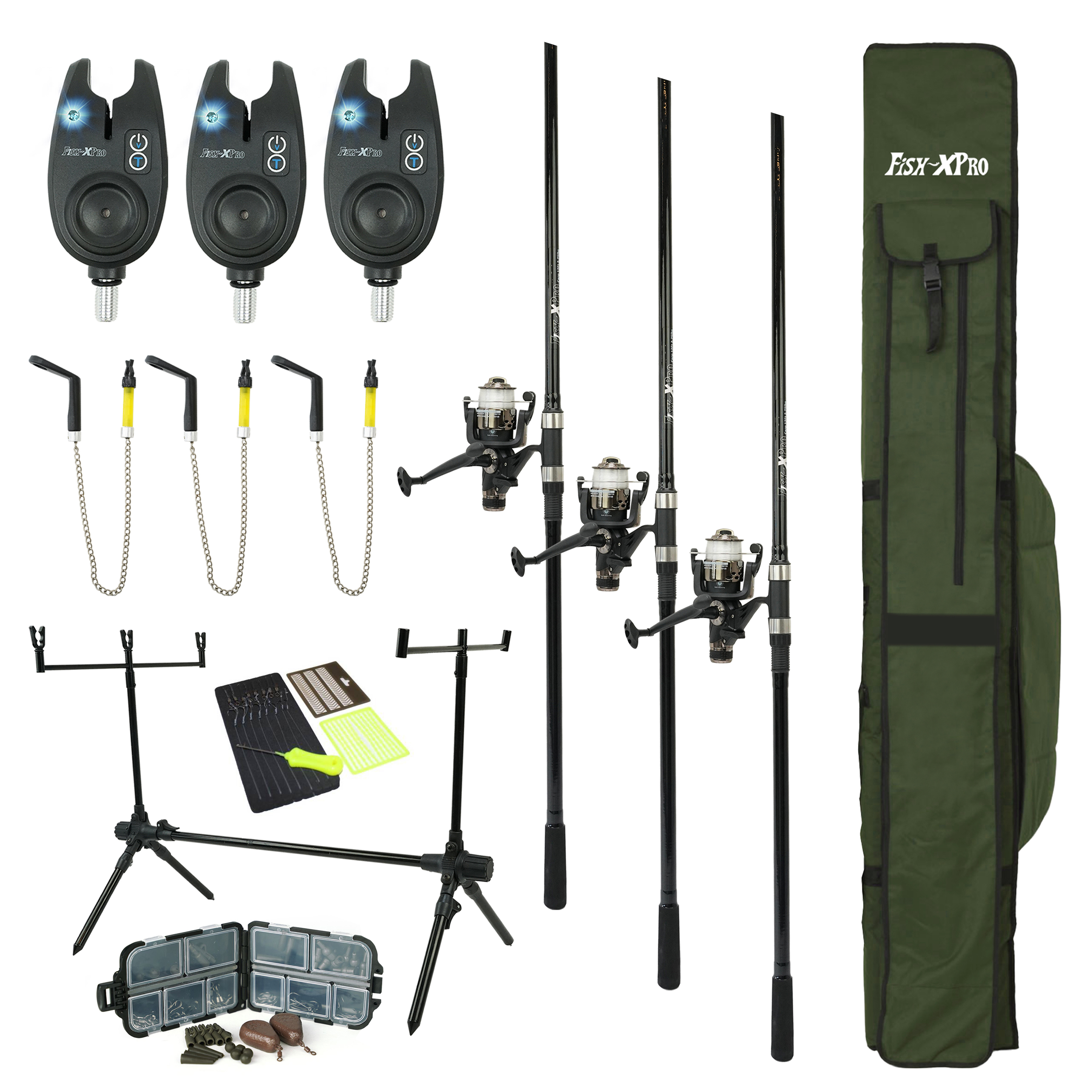 FISH-XPRO Carp Set Plus 3-Rod - Set de cannes à carpe noir - 96 pièces - Alarmes de touche - Swingers - Rodpod - Supports dorsales - Fourre-tout - Extra complet - Tout ce dont vous avez besoin !