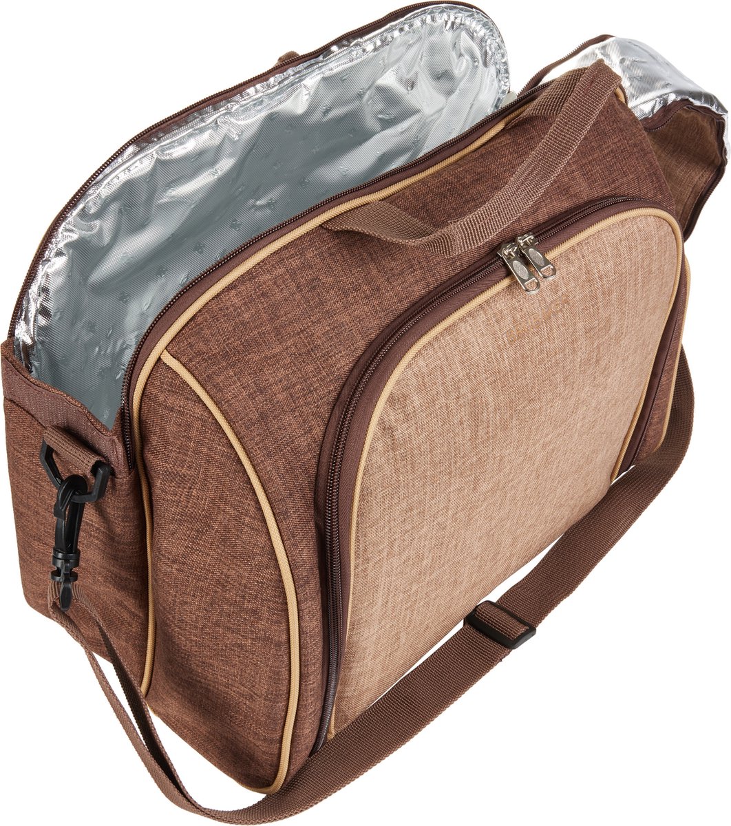 BRUBAKER - Sac de pique-nique - 4 personnes avec compartiment réfrigérant, portable comme sac polochon ou sac à bandoulière - marron - 38 × 30 x 21,5 cm - 30 actions