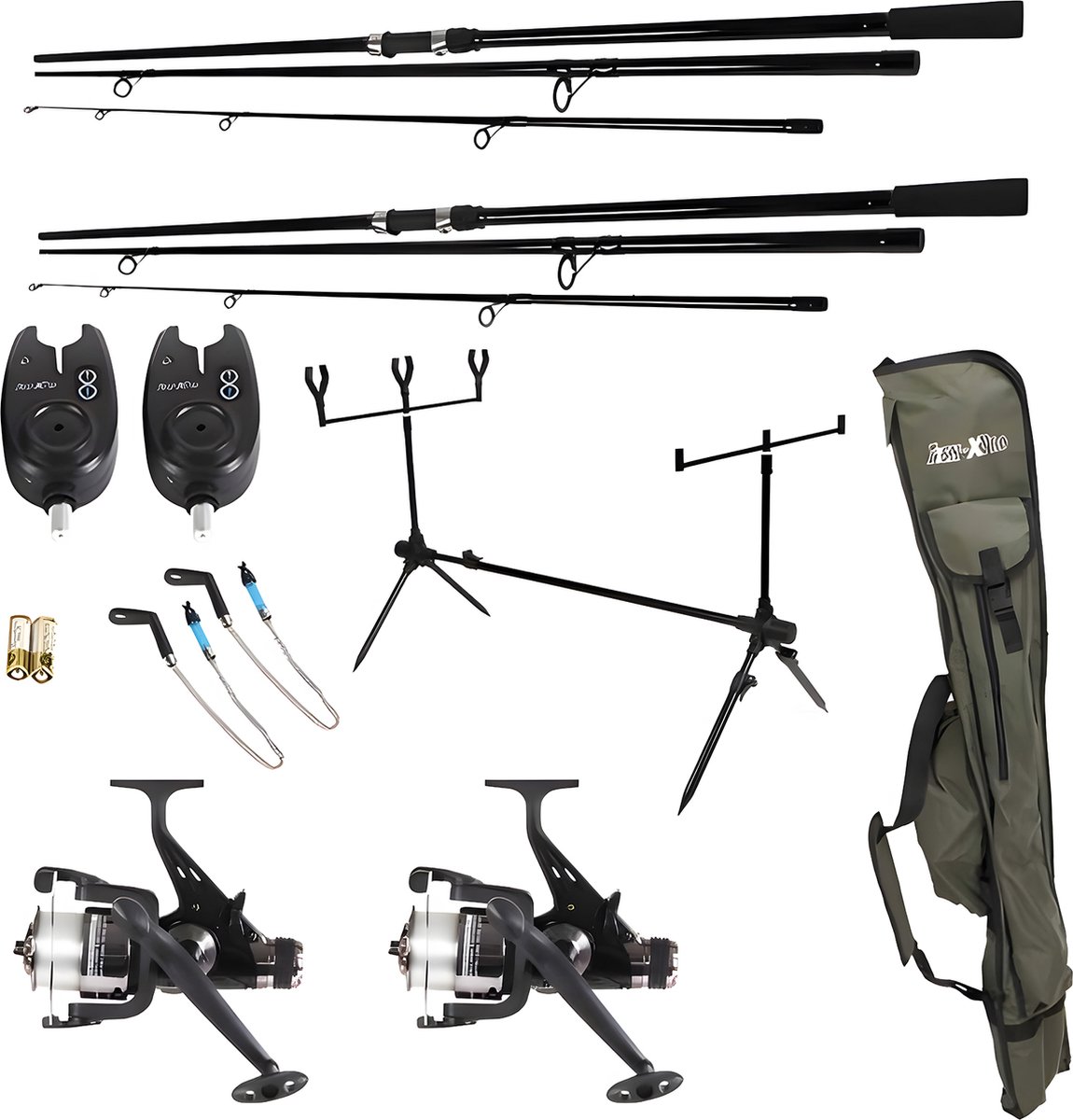 Traxis Carp Set - Overnighter Set - Pêche de la carpe - Tente de pêche - 2 Cannes - 2 Moulinets - Civière - Epuisette - Tapis de décrochage - Rod pod - Alarmes de touche