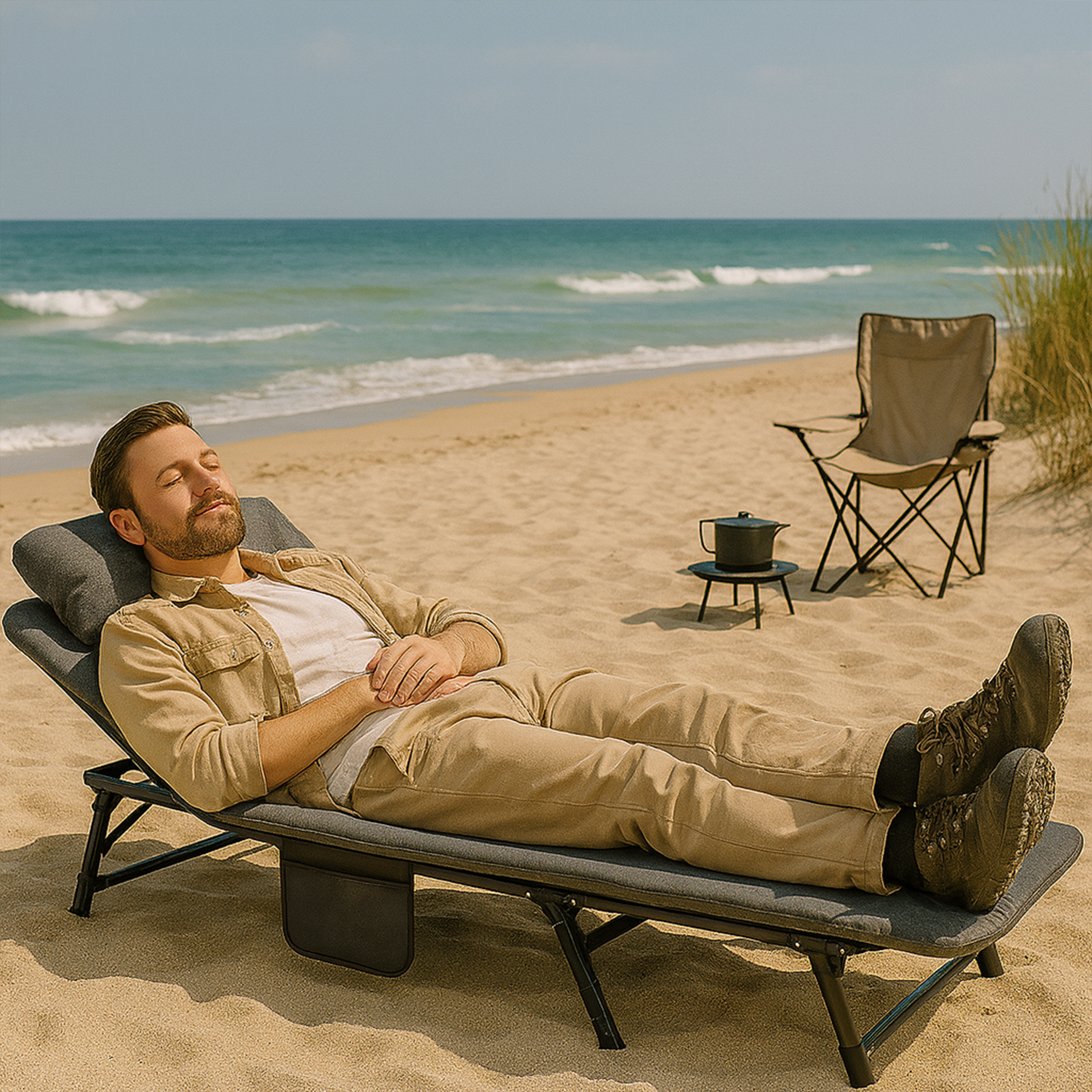 Lit de camping pliable Eurocatch – Dossier réglable 5 positions, 4 pieds robustes, poche latérale, appui-tête rembourré – Compact & Confortable – 195×65×27 cm