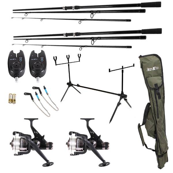 Traxis Carp Set - Starter Set - Pêche de la carpe - Cannes - Moulinets - Chaise de pêche - Epuisette - Tapis de décrochage - Rod pod - Alarmes de touche - Abri